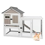 47''L Rabbit Hutch Outdoor Chicken Coop with Run, Wooden Indoor 2 Story Bunny House with Waterproof Roof, Pull Out Tray, Guinea Pig Rabbit Duck Cage for Small to Medium Animals and Pet Lover, Gray