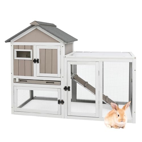 47''L Rabbit Hutch Outdoor Chicken Coop with Run, Wooden Indoor 2 Story Bunny House with Waterproof Roof, Pull Out Tray, Guinea Pig Rabbit Duck Cage for Small to Medium Animals and Pet Lover, Gray