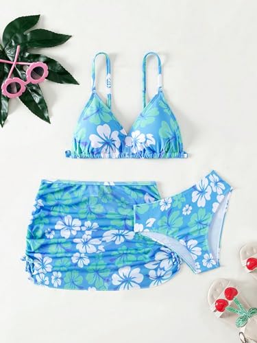 Milumia Biquíni feminino de 3 peças com alças finas e saída de praia, Azul floral, 11 Anos