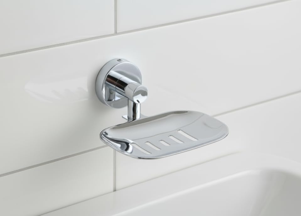 Image of EASYHOME FURNISH Stainless Steel Wall-Mounted Soap Dish with Drain Slots | Rustproof Chrome Finish Soap Holder for Bathroom, Kitchen & Shower Sink | Heavy-Duty Soap Case Bracket(Round-37 06)