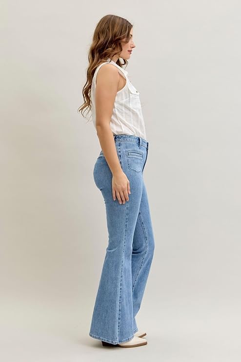 Judy Blue High Waist Flare Jeans for Women - Front Patch & Welt Pockets - 881055 - Image 3