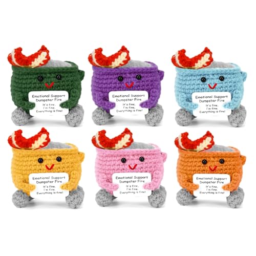 Keyrose 6PCS Emotional Support Crochet Dumpster Fire with Positive Card, Funny Handmade Knitted Toys Inspirational Emotional Support Birthday Gifts for Coworkers Women Friend Type1