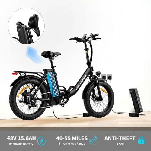 WINDHORSE 20" Foldable Electric Bike, 983W Peak Motor, 20MPH, 55–70 Miles, 48V 748.8Wh Removable UL Battery, Front Suspension, Fat Tire E-Bike for Commuting, Beach, All -Terrain | Adults & Teens - Image 5
