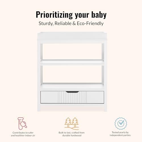 Image of Dream On Me Ivy Baby Changing Table - Compact Modern Changing Station with Spacious Drawer & 2 Open Shelves, New Zealand Pinewood, Easy-to-Clean Non-Toxic Finish, Space-Saving Nursery Storage - White