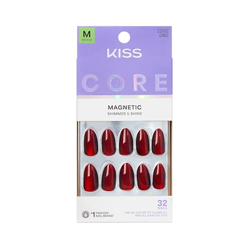 Kiss CORE, Press On Nails, Nail glue included, 'Apple Blossom', Red, Medium Size, Almond Shape, Includes 32 Nails, 2g Glue, 1 Manicure Stick, 1 Mini File