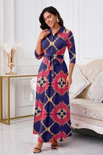 Image of Rumwind Maxi Dresses for Women, 3 /4 Sleeve Shirt Collar Casual Afircan Print Church Dress Button Down with Belt and Pockets