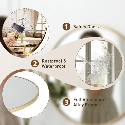 Image of NEWBULIG 28 Inch Round Wall Mirror, Bathroom Mirrors for Over Sink, Matte Metal Framed Circle Vanity Mirror, Wall Decor for Bedroom, Entryway, Anti-Rust, Tempered Glass, Hanging or Leaning, Gold
