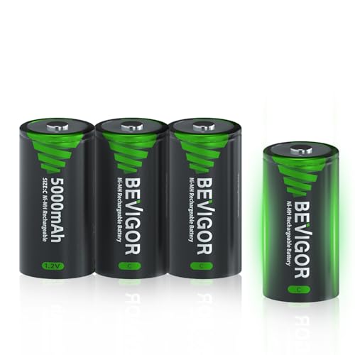 BEVIGOR Baby C Akku 5000 mAh NiMH-Akkus 4 Stück Typ C (Babyzellen) wiederaufladbar NiMH C-Zellen-Akku mit hoher Kapazität