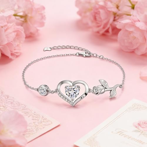 Image of 1CT Rose Heart Bracelet Moissanite Lab-Grown Sapphire Ruby Emerald&More 18K White Rose Gold Plated Anniversary Birthday Gift for Wife Girlfriend Mom Daughter Mothers Day Gift for Mom