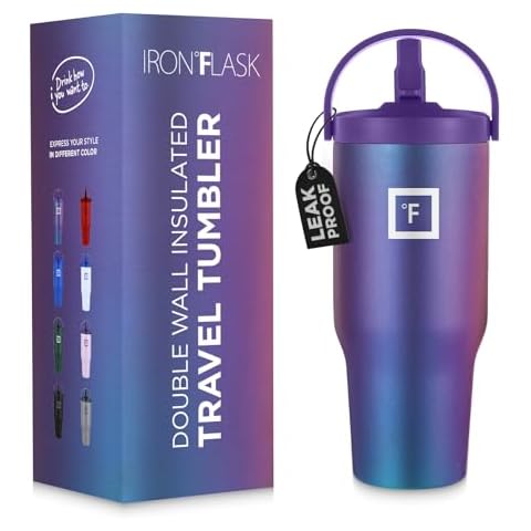 IRON °FLASK Sidekick Insulated Water Tumbler w/Straw & Foldable Handle - Stainless Steel Leak-Proof Bottle, Non-Slip Base & Fits Cup Holders for Hot, Cold Drinks - Travel Mug - 30 Oz, Aurora Cover