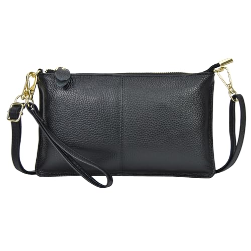 NGIL Women Genuine Leather Crossbody Wristlet Womens Handbag Chic Shoulder Bag Small Wristlet Wallet Golden Accent Zipper (Black Medium)