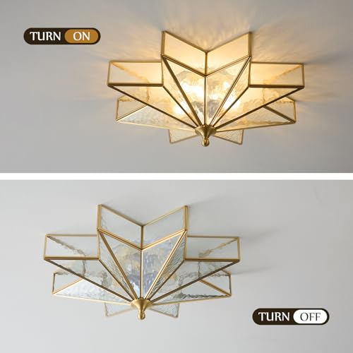 Image of Star Brass Ceiling Light - 19.7 In Large Gold Hammered Glass Flush Mount