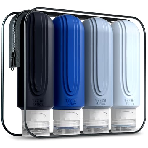 Mrsdry Travel Bottles for Toiletries, Large 6oz Oversize Containers, BPA Free Leak Proof Tubs Refillable Liquid Traveler Accessories with Toiletry Bag for Cometic Shampoo and Lotion Soap (4 Pack)