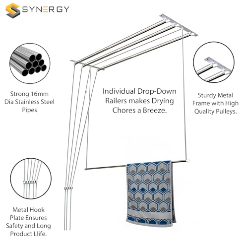 Image of Synergy - 4 Pipes x 8 Feet - Heavy Duty - Stainless Steel Ceiling Cloth Dryer for Balcony | Cloth Drying Rope with Pulley | Cloth Hanging Stand | Clothes Drying Stand Wall Mounted - (SY-CL5-4P)