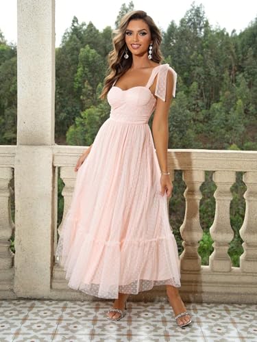 Image of SISKIN Summer Cocktail Dresses for Women Tie Shoulder Semi Formal Dresses Hem Mesh Birthday Wedding Guest Dress