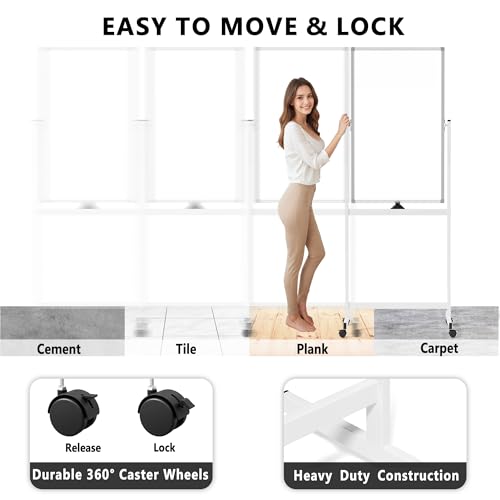 Image of Large Rolling Whiteboard on Wheels, 40 inch x 24 inch Double-Sided Mobile White Board with Stand, Portable Standing Magnetic Dry Erase Board Easel for Home Office Classroom School, Silver