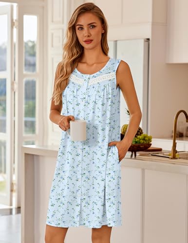 Image of Ekouaer Nightgowns for Women Button Up Sleepshirt Tank Sleeveless Nightshirt Soft Sleepwear with Pockets S-XXXL