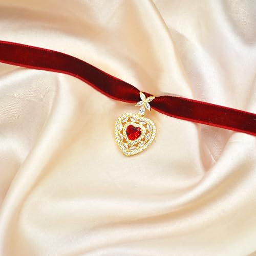 MOMOCAT 14K Gold Plated Imitation Ruby Love Zircon Necklace Red Heart Crystal Pendant Velvet Choker Necklace for Women 90s Goth Chocker Cute Vampire Accessories Womens Jewelry4