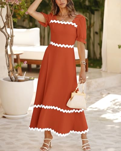 BTFBM Women 2025 Summer Square Neck Short Puff Sleeve Dress Casual RIic Rac Tie Back Smocked Wedding Guest Maxi Dresses3