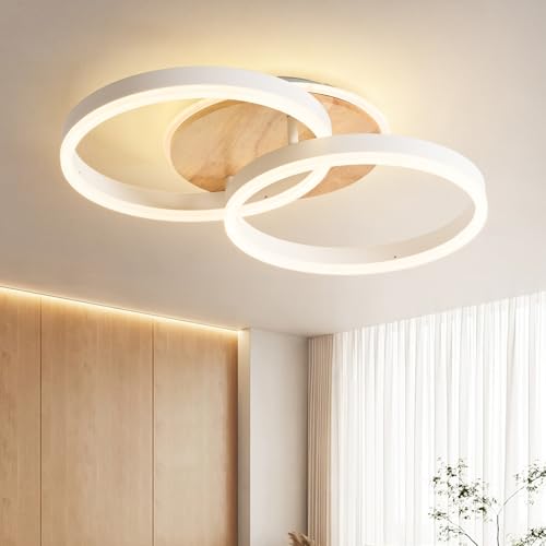 Plafonnier LED salon 36W dimmable avec télécommande moderne en bois blanc
