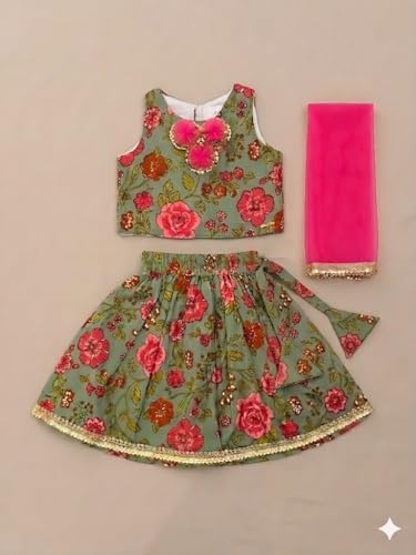 Image of A.T.U.N. (ALL THINGS UBER NICE) Baby Girls Cotton Ethnic Floral Lehenga Choli Set with Lace & Dupatta | Traditional 3-Piece Festive Outfit for Kids