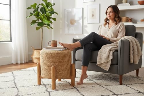 Image of Handcrafted Jute Ottoman Pouffe with Wooden Stand Support | Durable & Stylish Footrest Stool for Living Room & Bedroom | Natural Fiber Seating Pouf | 40x40x40 cm