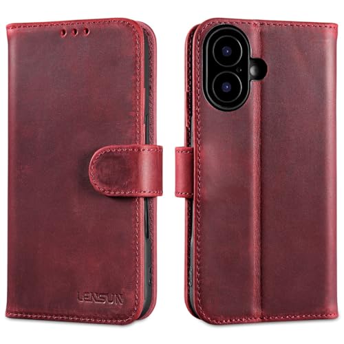 Coque iPhone 17 Cuir Véritable LENSUN etui protection portefeuille rouge