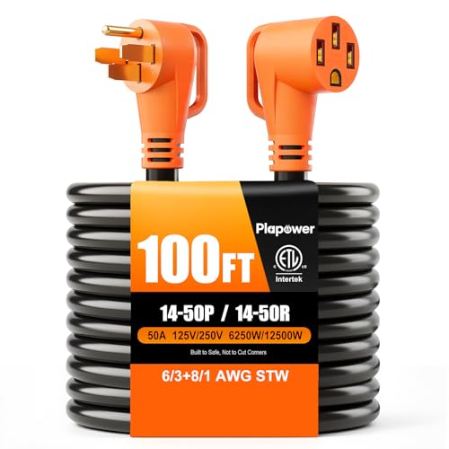 100 FT 50 Amp RV Extension Cord Nema 14-50P to 14-50R Flexible 4 Prong Heavy Duty RV Power Cord Waterproof Power Cord with Grip Handle & Organizer 125/250V 6250/12500W STW