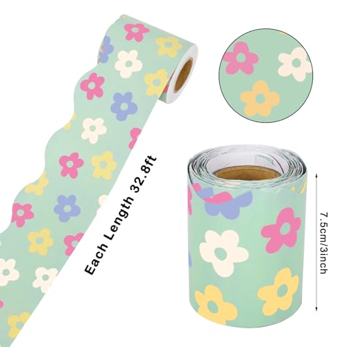 Image of Whaline 196.8 Ft Pastel Boho Bulletin Board Borders Daisy Flower Checkered Groovy Die-Cut Rolled Board Trim for Back to School Classroom Office Chalkboard, 6 Rolls