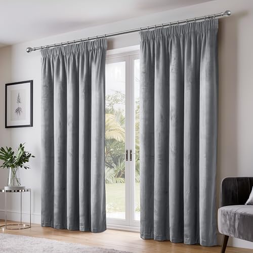Image of Emma Barclay Dusk Velvet Blackout Pencil Pleat Curtains for Bedroom Living Room, Thermal Soft Plain Velvet Curtain Pair, 66 x 72 Inch, Silver