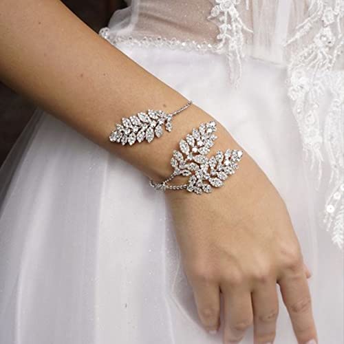 Stonefans Bridal Leaf Rhinestone Cuff Bracelets For Women Silver Wedding Open Bangle Bracelet Elegant Hand Arm Jewelry (Silver) #TOP6