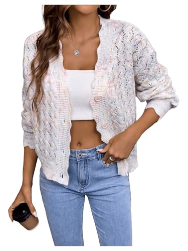 MakeMeChic Women's Tie Dye V Neck Button Down Cardigan Scallop Trim Long Sleeve Sweater Cardigans