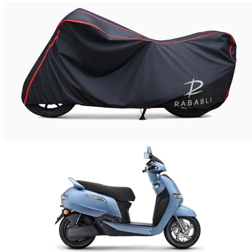 Image of Waterproof Bike Body Cover Compatible for | TVS iQube Electric STD | Taffeta Fabric, Red Piping Design, Bottom Elastic Fit | Dustproof, Sun UV & Rain Protection for All Bikes