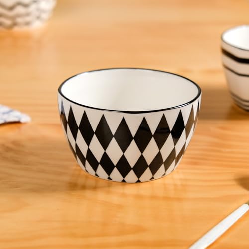 Image of Nestasia Ceramic Snack Bowl Set of 5 (350ml Each) - Dishwasher & Microwave Safe Bowls for Serving Soup, Rice, Dal, & Salad | Black & White Printed Bowls with Glossy Finish - Ideal for Gifting