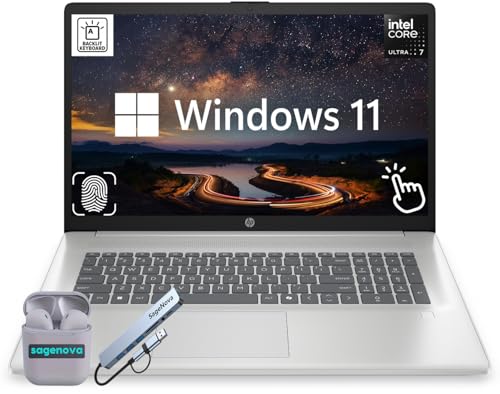 Image of HP 17.3 inch Touchscreen Laptop, Intel Core Ultra 7 255U (12-Core, Up to 5.2Ghz), 40GB DDR5 RAM 2.5TB Storage (2TB SSD+512GB SageNova Docking Station), Backlit KB, Fingerprint Reader, Windows 11, Silver