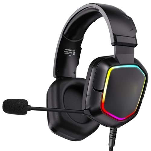 Tosuny Cuffie da Gioco Cablate, Cuffie Sovrauricolari con Microfono Omnidirezionale a Cancellazione del Rumore e Illuminazione RGB Dinamica, Jack da 3,5 Mm, per PC, Smartphone, (BLACK)