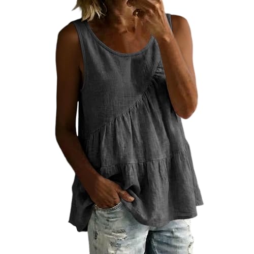 Ssuyeuri Linen Tops for Women Short Sleeve Round Neck 2026 Summer Loose Fit Blouses Fashion Dressy Casual Shirts Top Gray