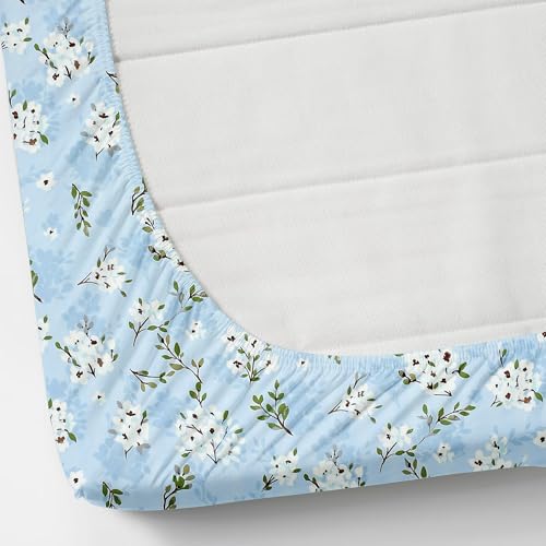 Image of KAWI Elastic Fitted Bedsheets (60 inchx78 inch) Queen Size Glace Cotton for Double Bed with All Around Elastic, 2 Large Pillow Cover, 200TC -Blue Floral Color