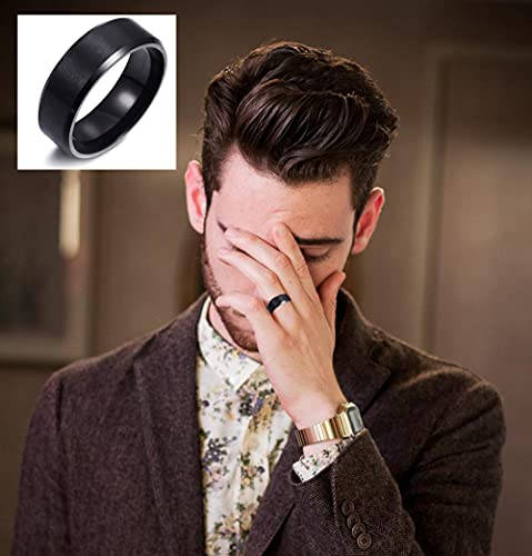 Mozaka 4Pcs Stainless Steel Black Signet Solid Biker Ring For Men Polished Matte Grooved Edges Cuban Link Band Rings Set Size 11 #TOP5