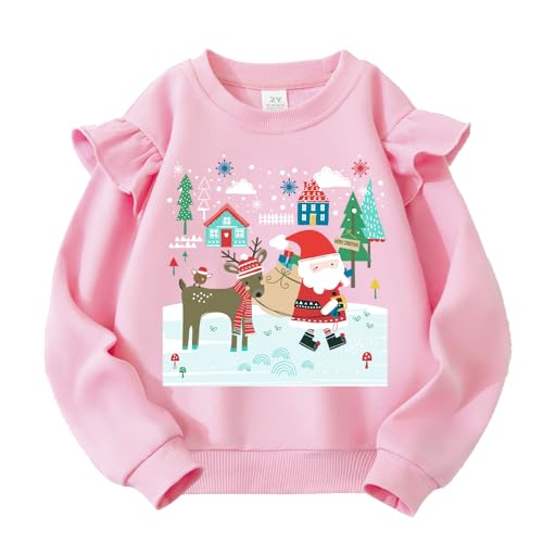 QHKEPW Christmas Girls Jumper Xmas Ruffle Santa Claus Snowflake Reindeer Kids Sweatshirt Toddler Top Long Sleeve Round Neck Cotton Casual Clothes T Shirt 7-8 Years Old Pink