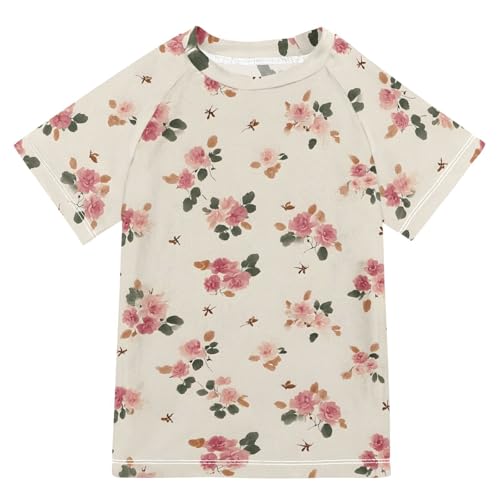 ALAZA Kids Rash Guard Girls Toddler Swim Shirts Short Sleeve Vintage Floral Cute Flowers UPF 50+ 3T