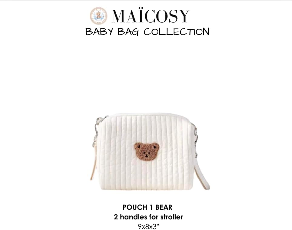 Quilted Diaper Bag with Bear Embroidery, Cotton, Adjustable Strap, Casual Style for Stroller, Cream White