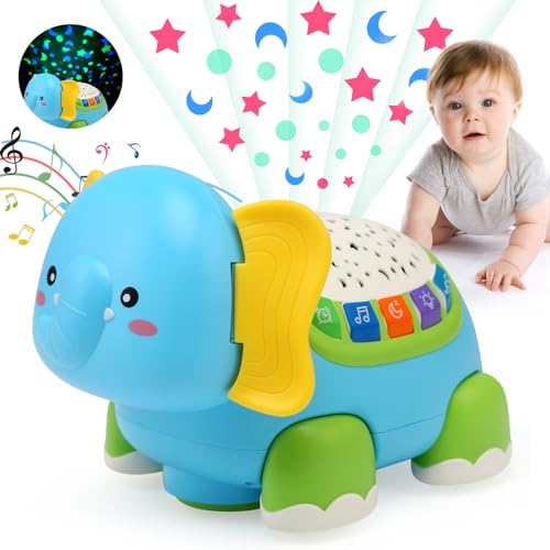 Ballery Elephant Musical Jeux Enfants 1-2 Ans, Jeux Bébé 6-9 Mois, Ramper avec Musique, Lumières et Sons Enfants, Projecteur d'étoiles Cadeaux de Noël