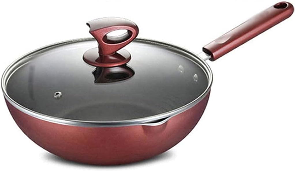 Fry Pans Skillets Cooking Pan Wok Pan With Lid,Kitchen Cooking Frying Pan Steak Pan Non-Stick Pan, Easy To Clean Wok, Bilateral Diversion Grooves (Color : Red Wine, Size : 28 * 8cm) (Red Wine 28*8cm)
