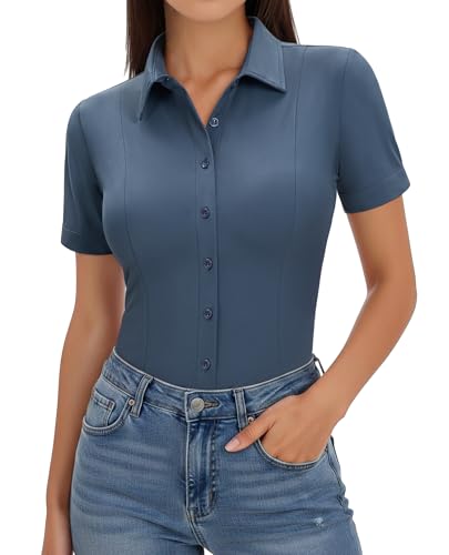 Image of Gleeivy Women's Slim Fit Button Down Shirt Stretch Short Sleeve Wrinkle-Free Work Blouse for Business Casual Office
