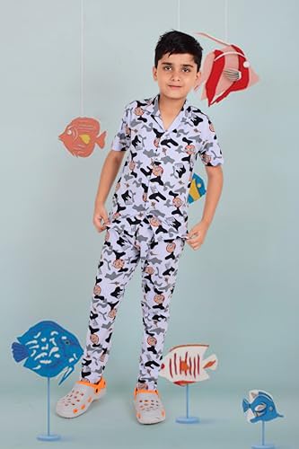 Image of 3BROS Unisex Pure Cotton Short Sleeve Kids Night Dress for Boys & Girls Nightwear /Sleepsuit /Sleepwear /Loungewear Night Suit for Boys and Girls Top and Pyjama Combo Set | JB20HS6031-Parent