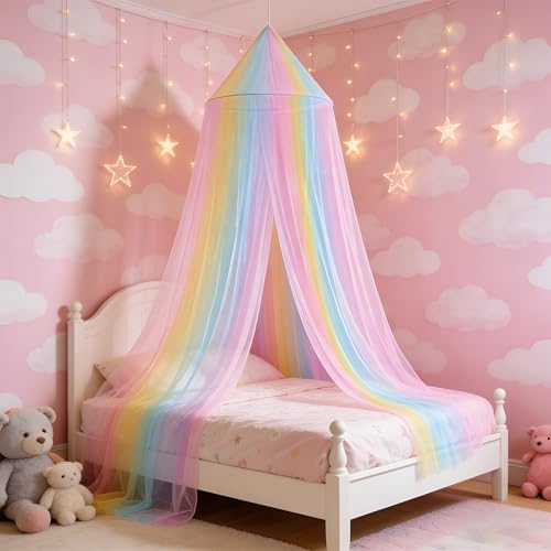 KEORHEZ Baldaquin De Princesse pour Décorer (60 × 250 × 1200 Cm) avec Crochets Simples, Tissu Lavable à Mailles Fines Ciel De Lit Arc-en-Ciel, pour Le...