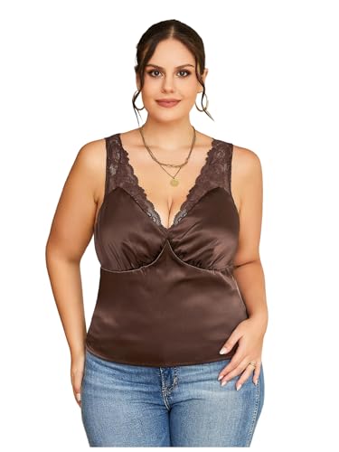 OYOANGLE Women's Plus Size V Neck Satin Tank Top Lace Trim Ruched Blouse