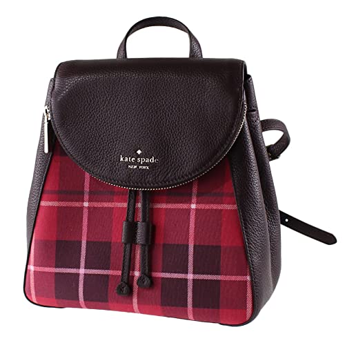 Kate Spade Leila Red Plaid Medium Flap Leather Backpack, Bright Rose Multi