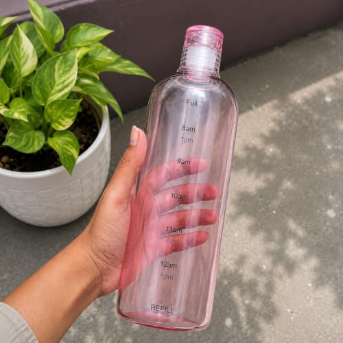 Image of Glass Water Bottle for Adults, Student Direct Drinking Freezer Safe, Leak Proof, Gym Travel On-The-Go Hotel-Style Design Borosilicate Glass Water Bottle With Time Marker (1000ML PINK)